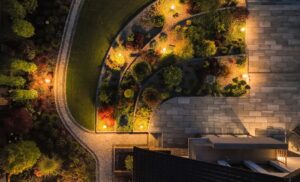 Aerial,View,Of,Beautifully,Designed,And,Landscaped,Garden,On,The